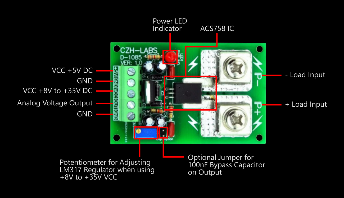 CZH-LABS ACS758 Current Sensor Board Layout (Top View)