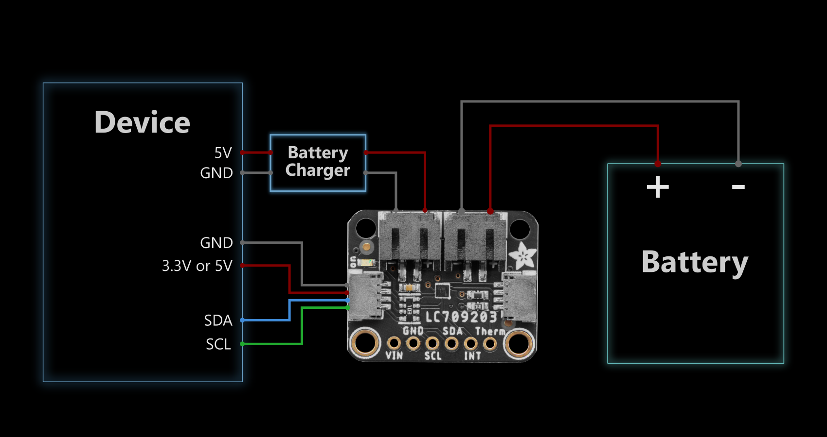 Adafruit LC709203F Battery Hookup with Charger