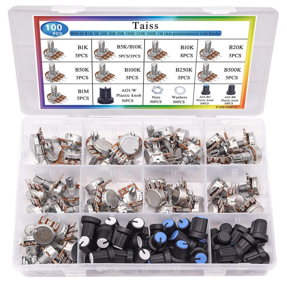 Taiss Single Linear B-Type Taper Potentiometer Assortment, 3 Terminal with Knobs, Nuts and Washers (100PCS)