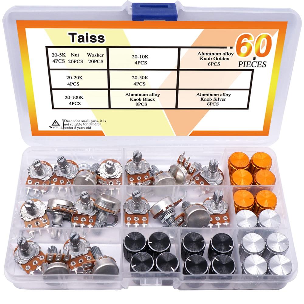 Taiss Single Linear B-Type Taper Potentiometer Assortment, 3 Terminal with Knobs, Nuts and Washers (60PCS)