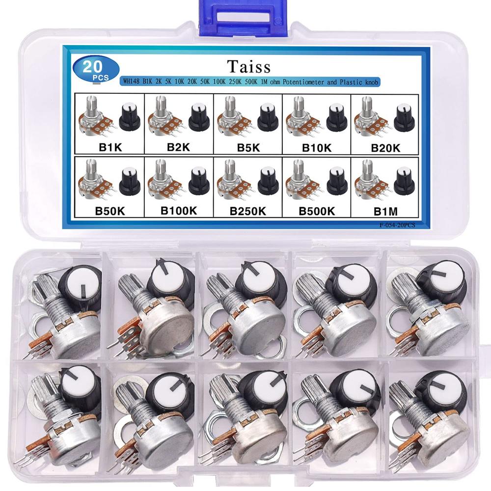 Taiss Single Linear B-Type Taper Potentiometer Assortment, 3 Terminal with Knobs, Nuts and Washers (20PCS)