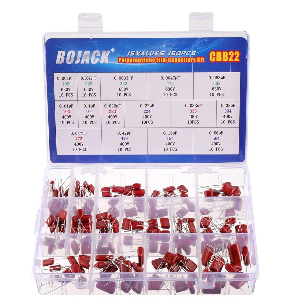 BOJACK CBB22 Metallized Polypropylene Film Capacitor Assortment Kit (15 Values, 150PCS)