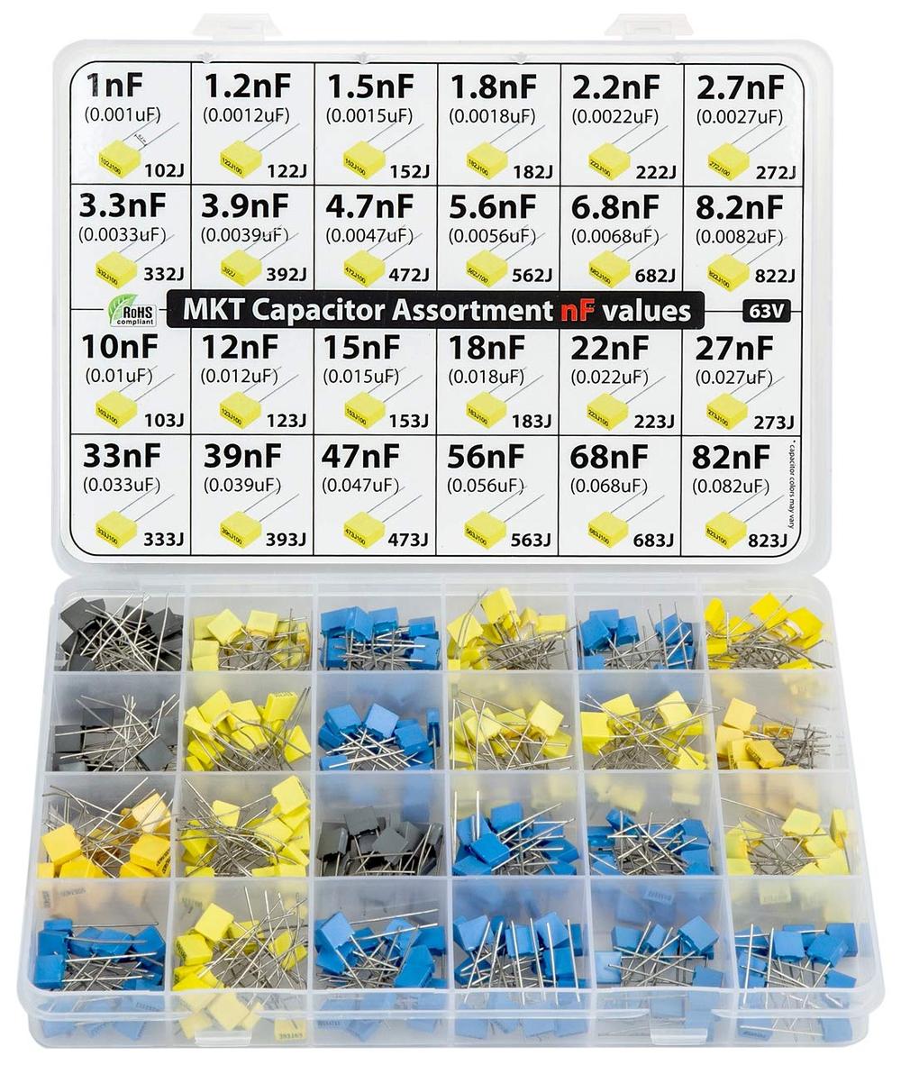 3PDT Metallized Polyester MKT PET Film Box Capacitor Assortment Kit (350PCS, 24 Values)