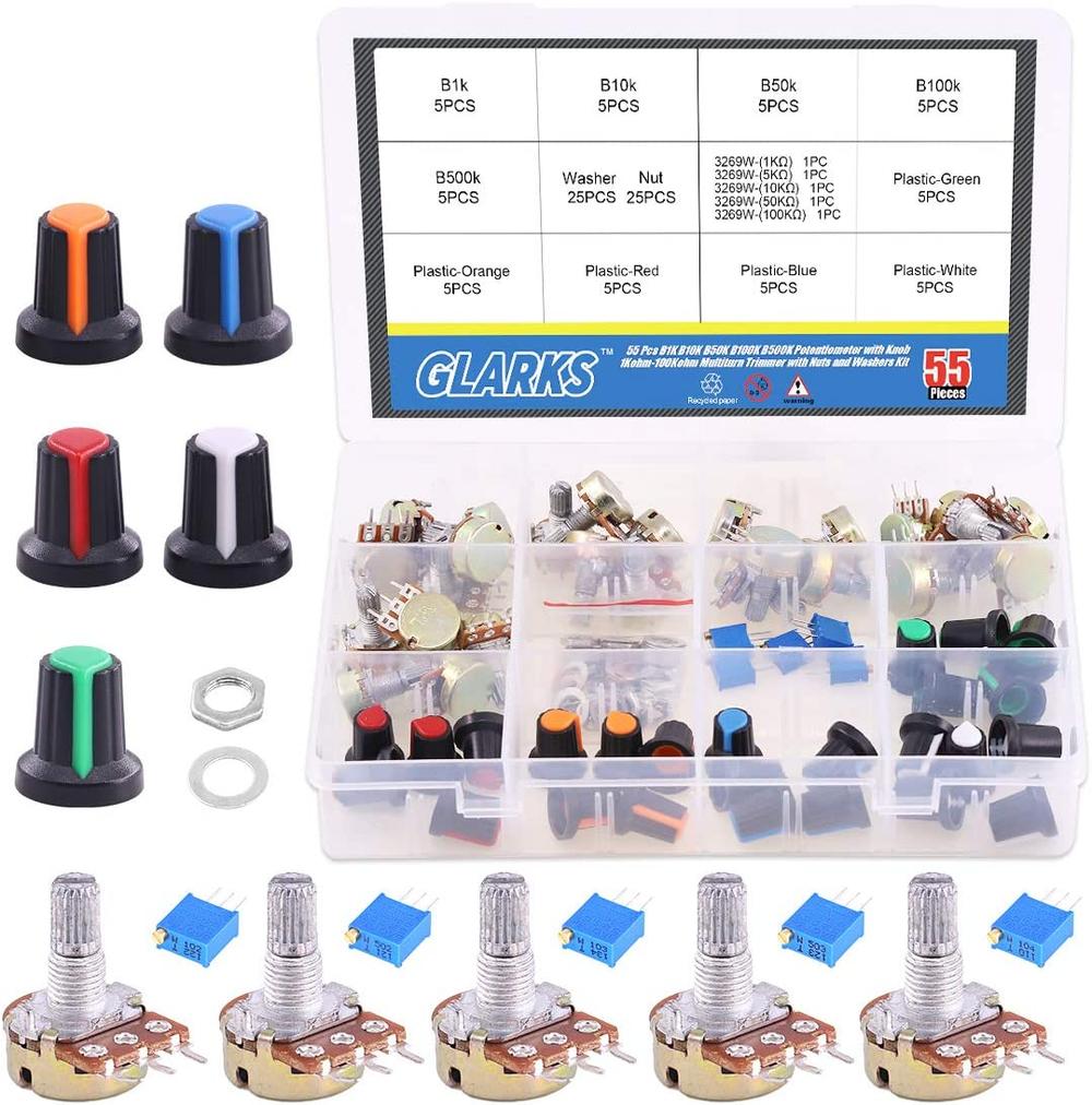 Glarks 5K-100K Ohm Knurled Shaft Linear Rotary Taper Potentiometer with 5 Color Knob Set (55PCS)