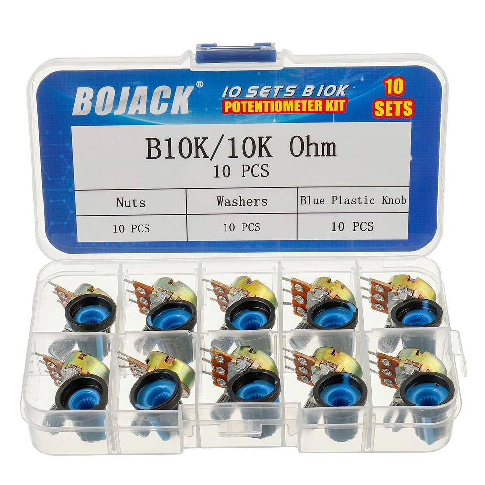 BOJACK B10K Knurled Shaft 3 Terminals Linear Taper Rotary Potentiometer WH148 10K Ohm Single Turn with Blue Plastic Knobs Kit (10 Sets)