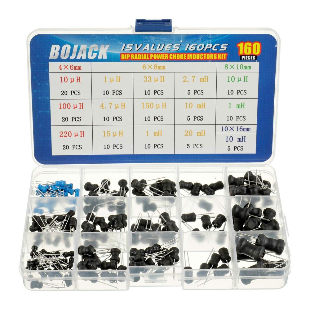 BOJACK 10uH to 20mH DIP Radial Power Choke Inductors Assortment Kit (160PCS, 15 Values)