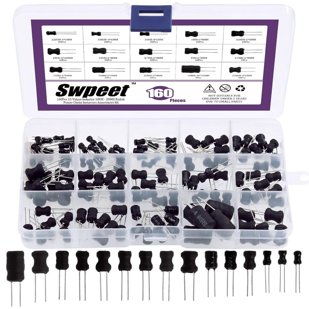 Swpeet 10uH to 20mH Radial Power Choke Inductors Assortment Kit (160PCS, 15 Values)