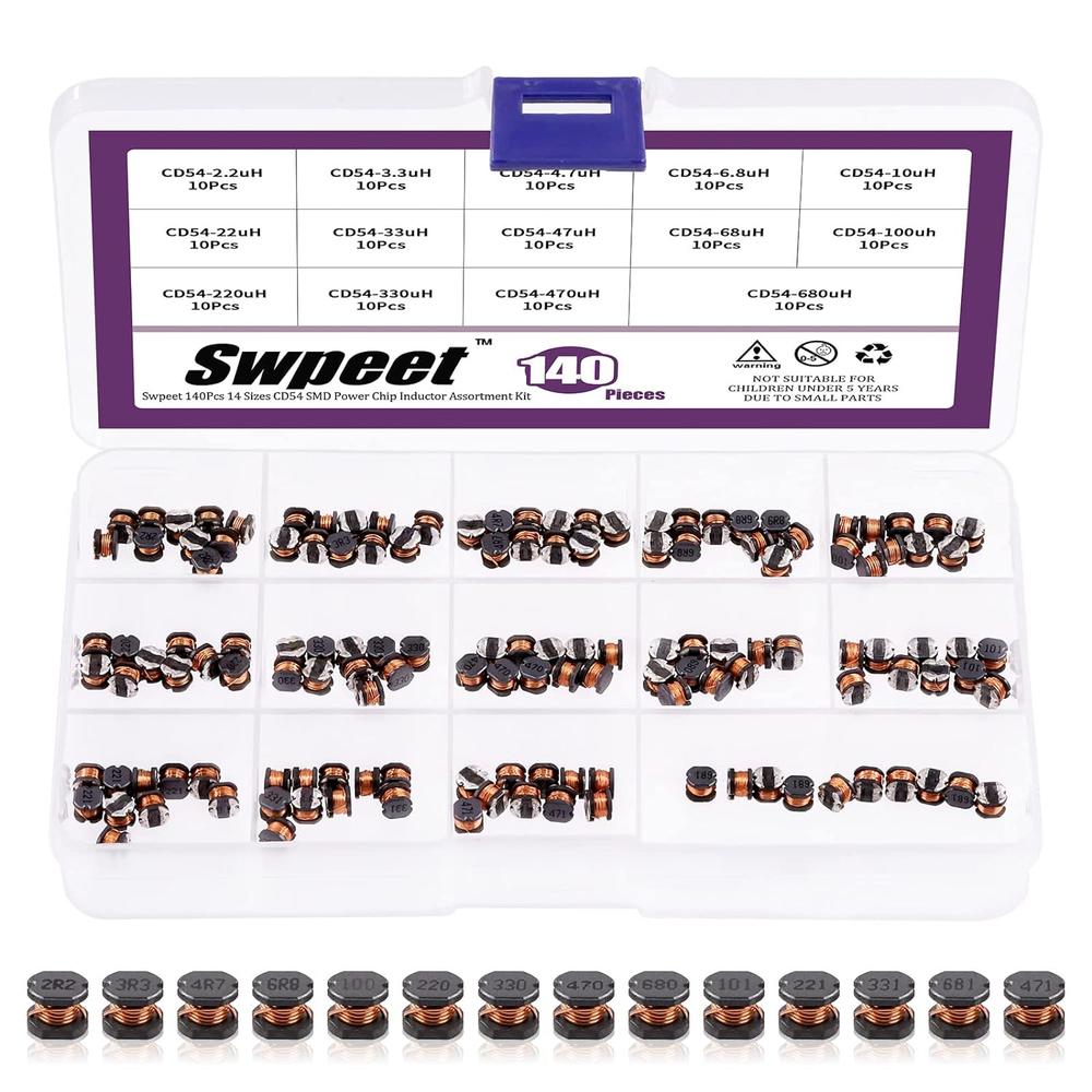 Swpeet 2.2uH - 680uH CD54 Wire Wound SMD Power Inductor Assortment Kit (140PCS, 14 Values)