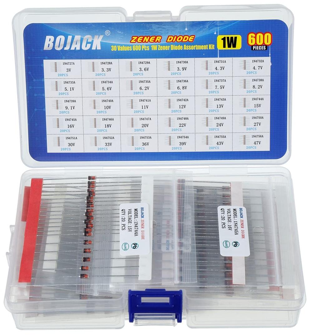 BOJACK 1W Zener Diodes Assortment Kit (600PCS, 30 Values)