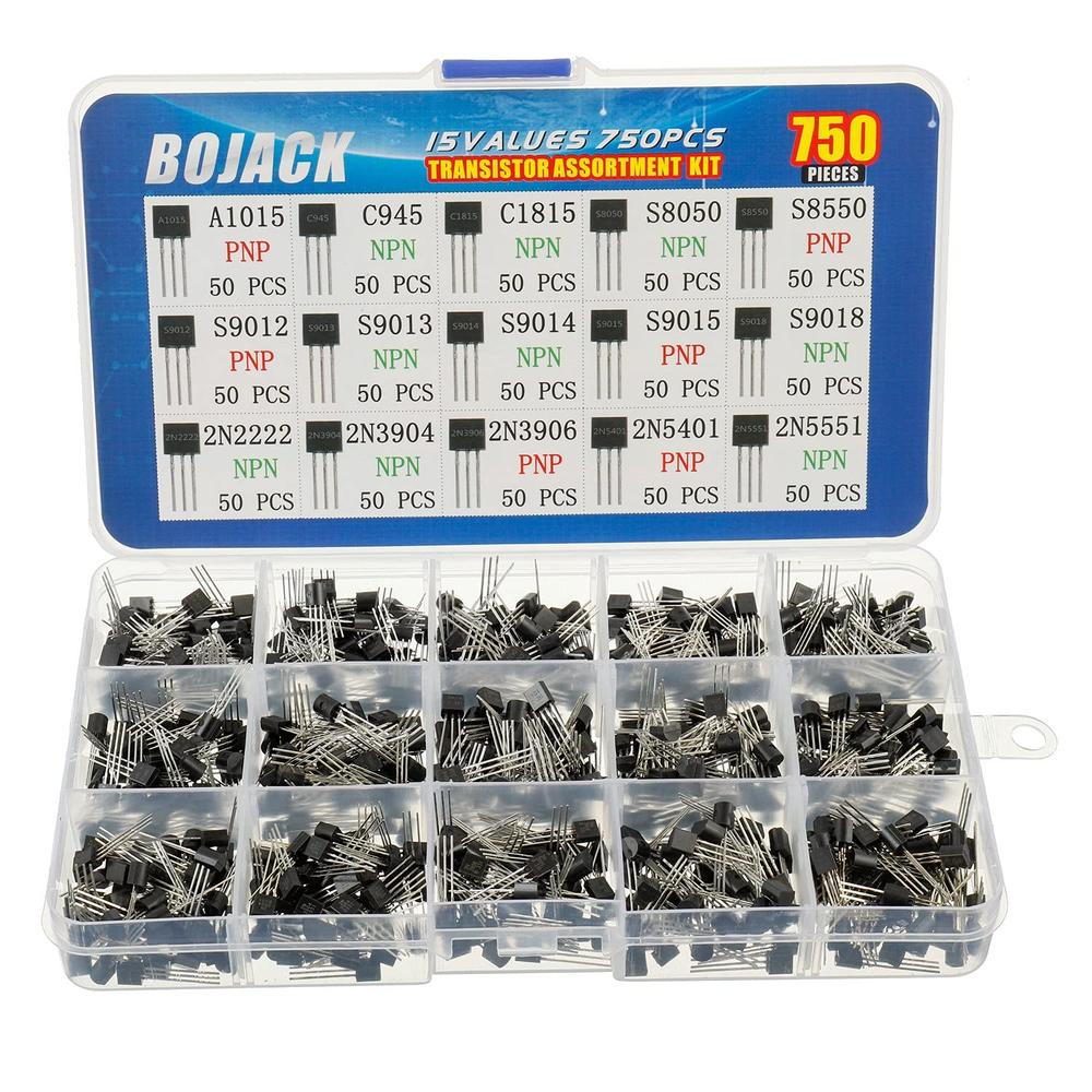 BOJACK PNP NPN TO-92 Bipolar Power Transistor Assortment Kit (750PCS, 15 Models)