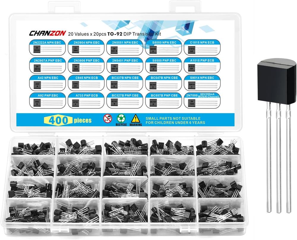 Chanzon PNP NPN TO-92 Bipolar Power Transistor Assortment Kit (400PCS, 20 Models)