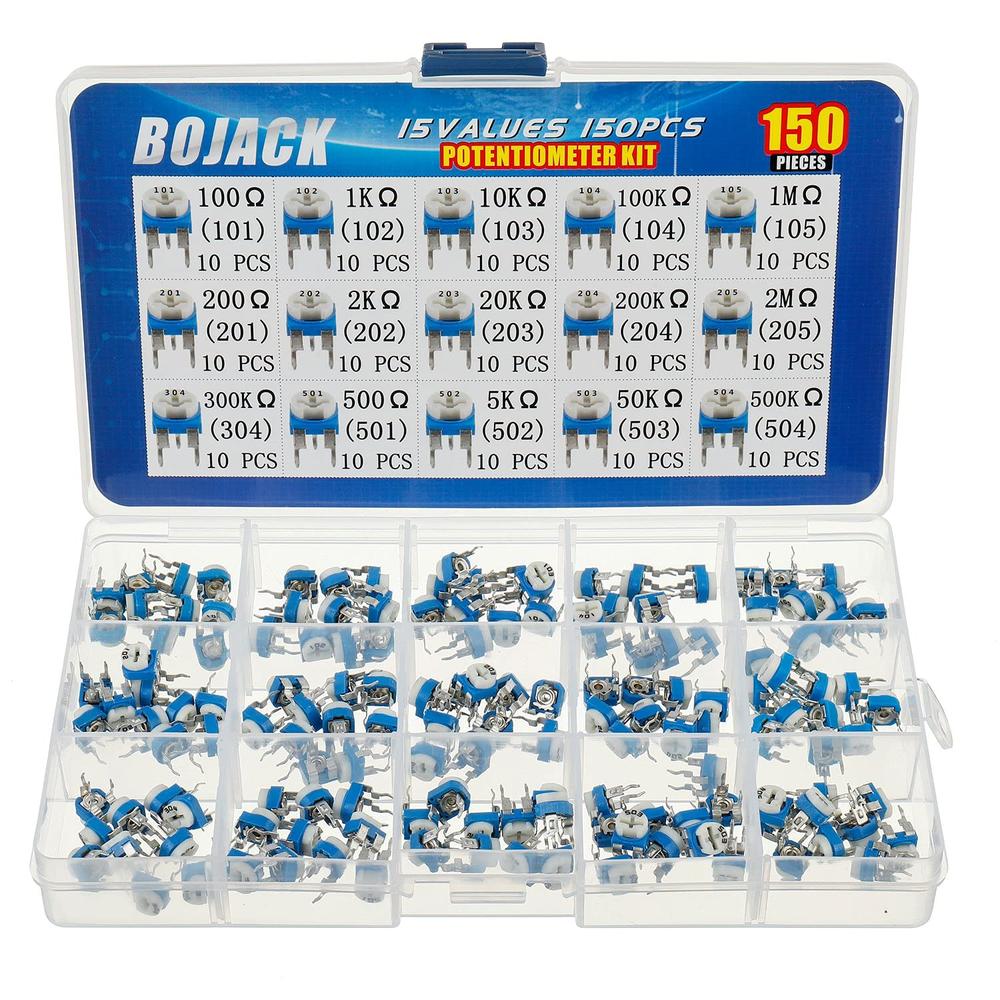 BOJACK 15 Values 100 Ohm- 2M Ohm Variable Resistor 6mm Potentiometer Assortment Kit (150PCS)