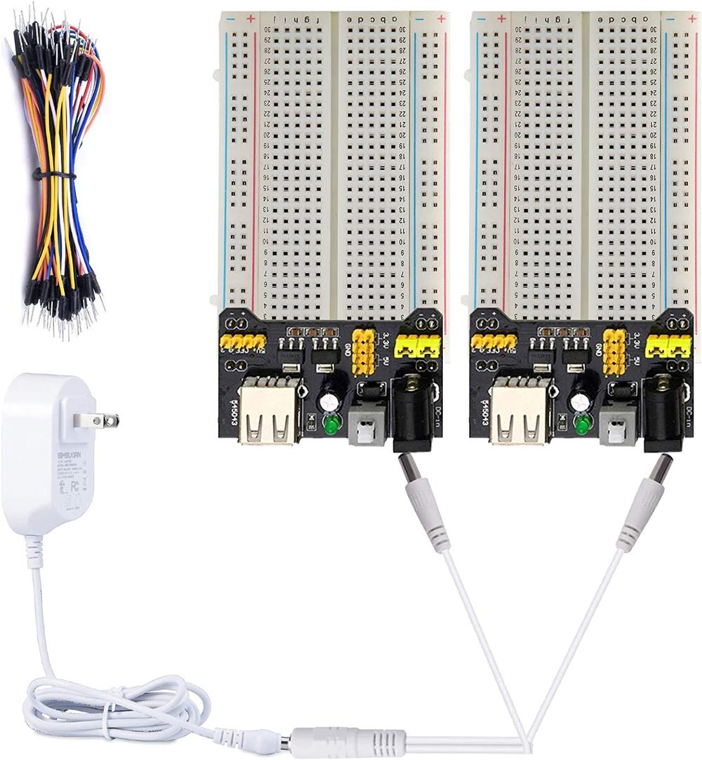 Testeronics 7 in 1 Breadboard Power Module Kit: 3.3V/5V Power Supply Modules (2PCS), 9V/1A Power Adaptor, Solderless Breadboard 400 Points (2PCS), Jumper Wires (65PCS)