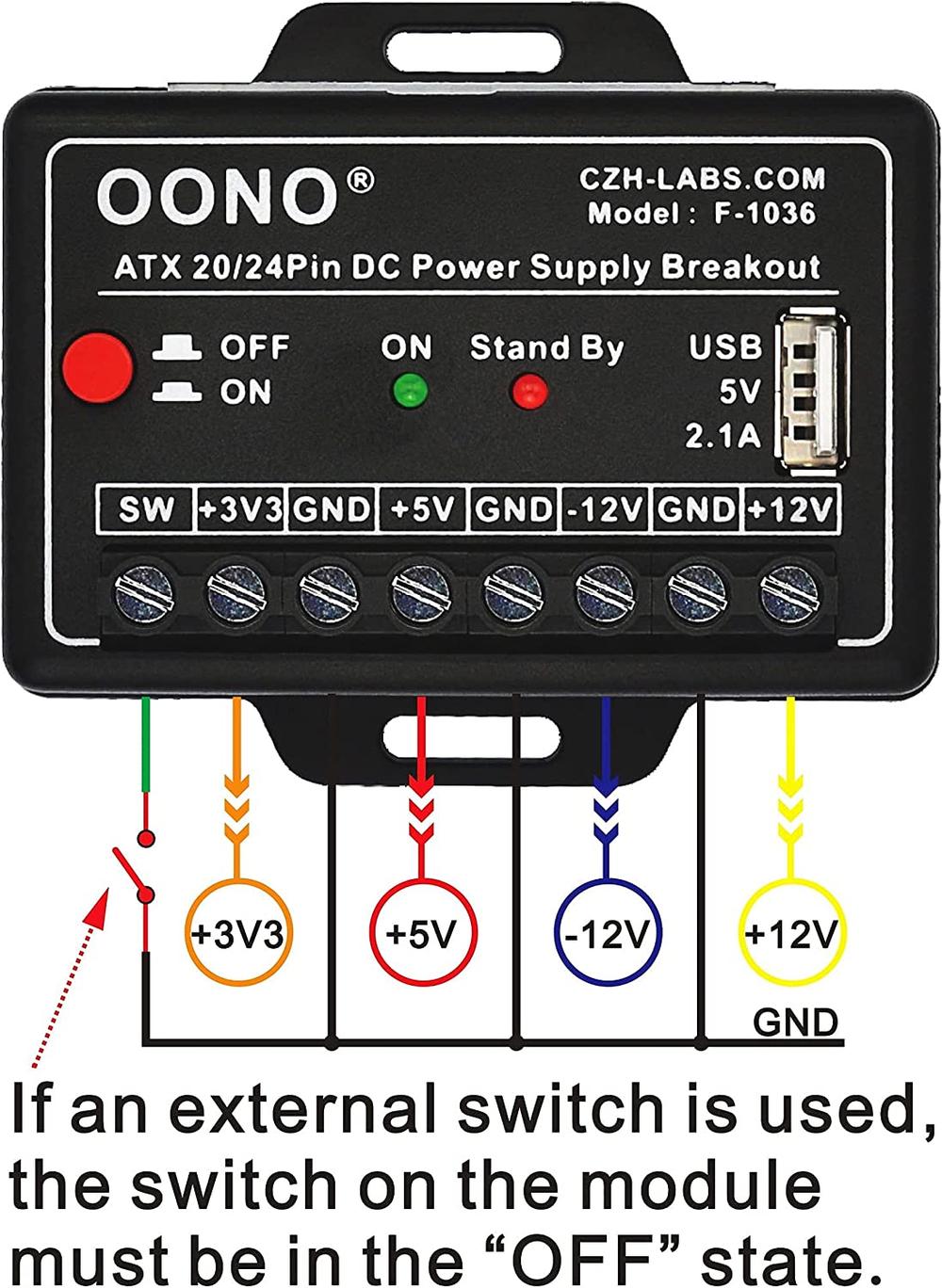 OONO ATX 24/20-Pin DC Power Supply Breakout Module with 2.1A USB Port