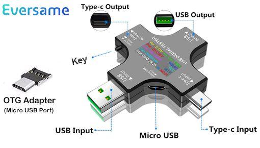 Eversame 2 in 1 Type C USB Tester Color Screen LCD Digital Multimeter DC 3.6V-30V/0-5.1A