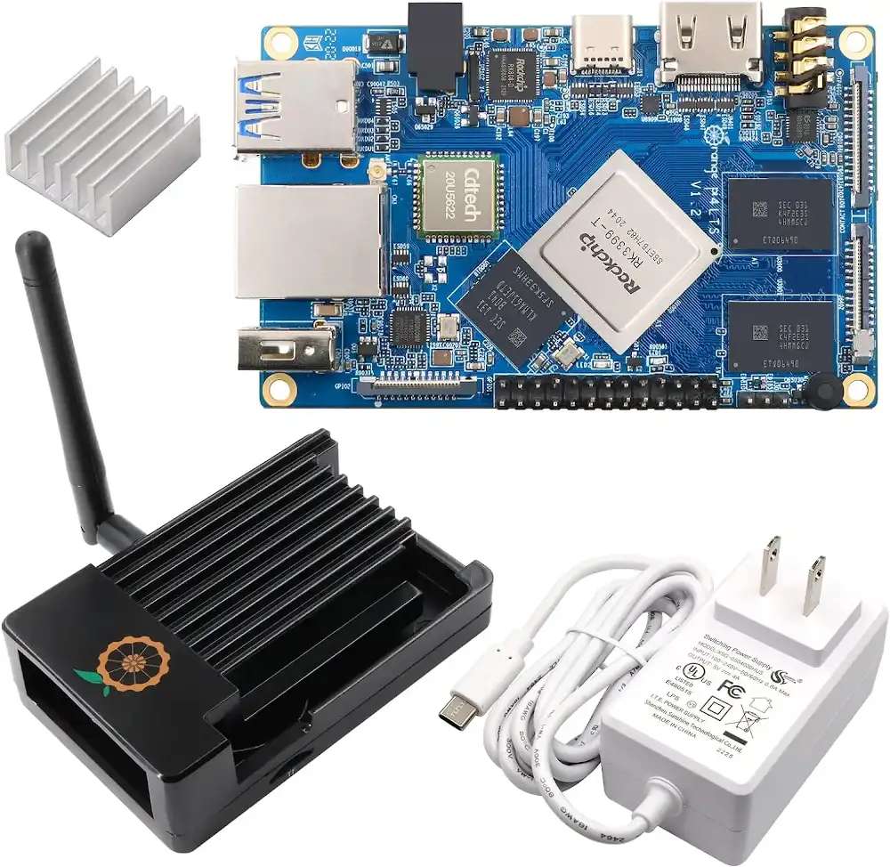 Orange Pi 4 LTS 4GB with 16GB eMMC Onboard Flash, Antenna, Metal Case, and 5V 4A Barrel Jack Power Supply