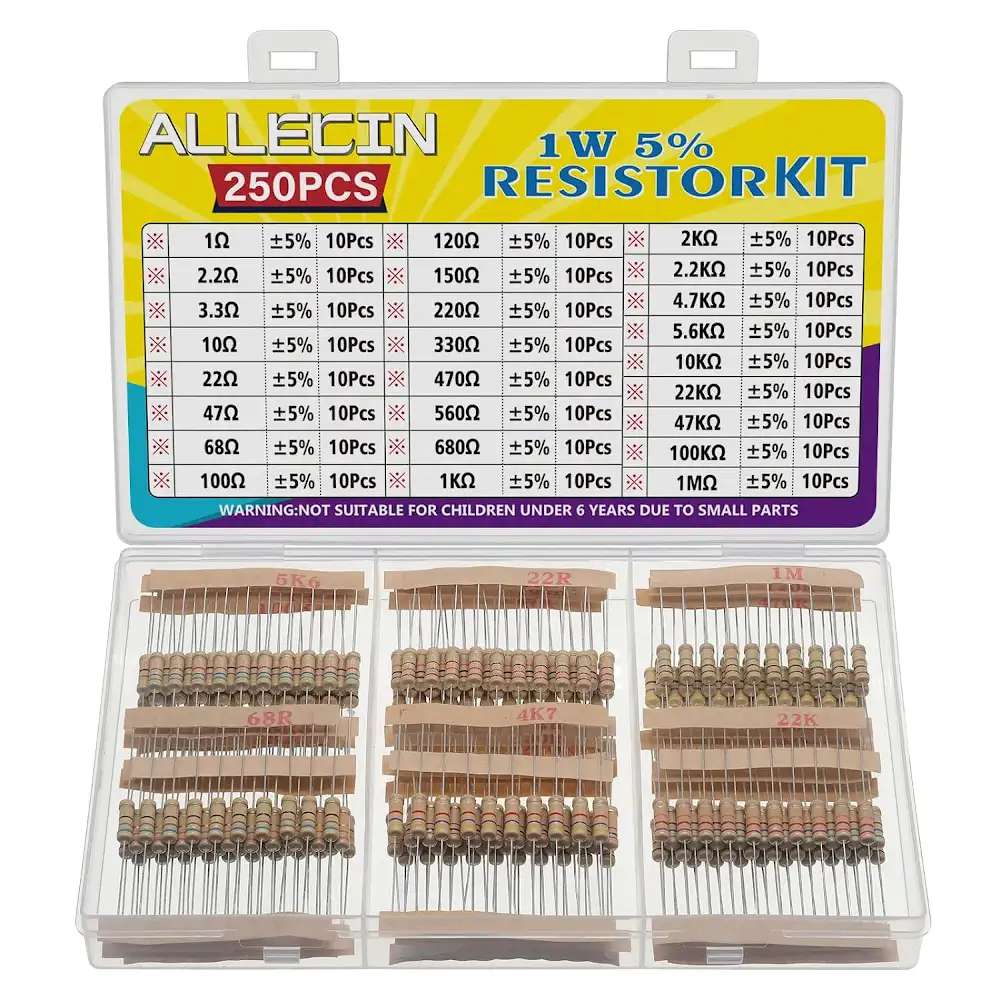 ALLECIN Carbon Film Resistor Kit 25 Values 1 Ohm to 1M Ohm with 1W 5% (250PCS)