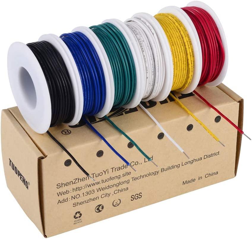 TUOFENG 22 AWG Solid Tinned Copper Hookup Wires - 6 Different Colors 30ft each