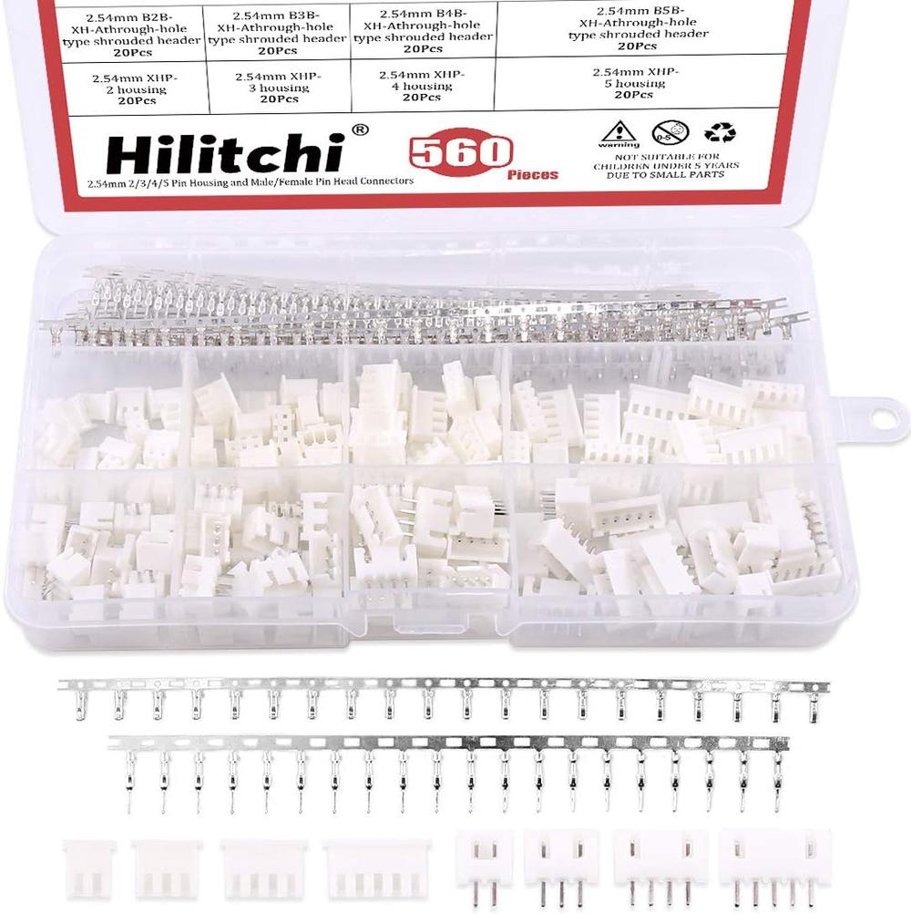 Hilitchi JST-XH 2/3/4/5 Pin 2.54mm Housing and Male & Female Pin Head Connector Kit (560PCS)