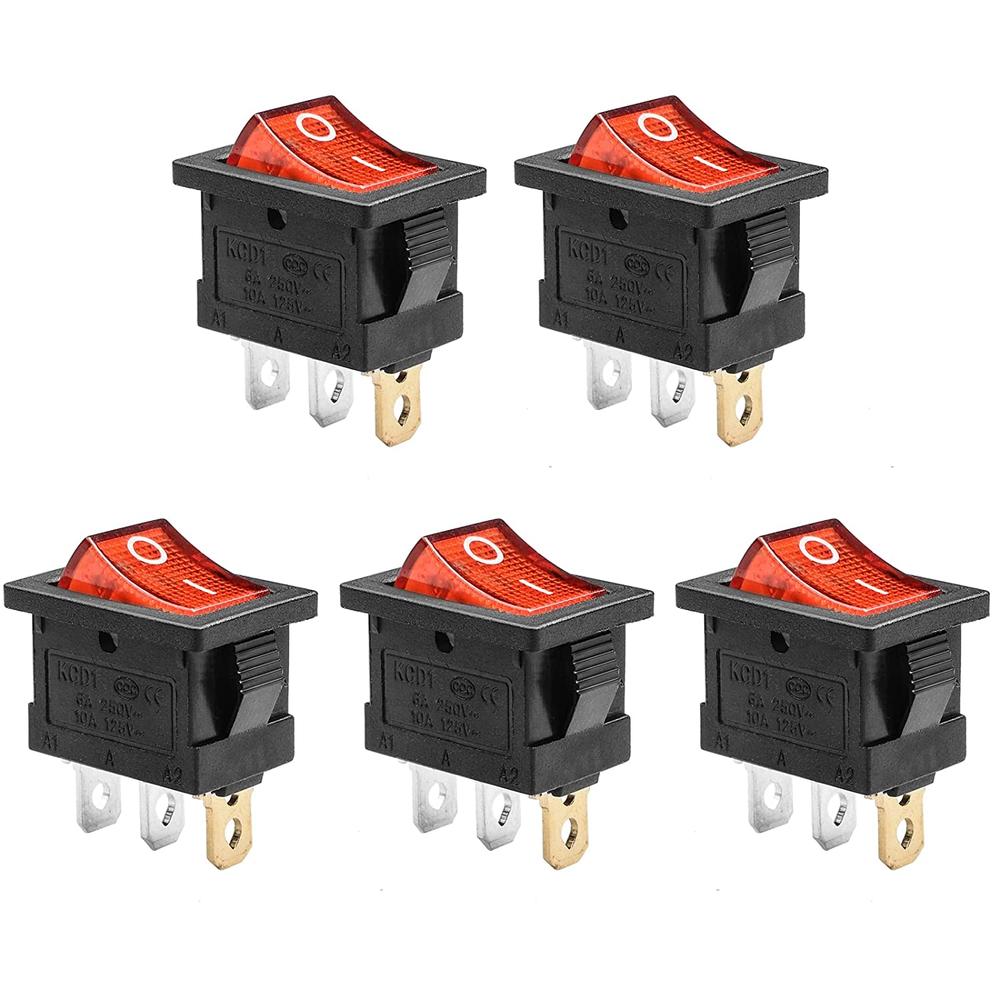 QTEATAK KCD1 On/Off 3-Pin 2-Position Red LED Boat Rocker Switch (5PCS)