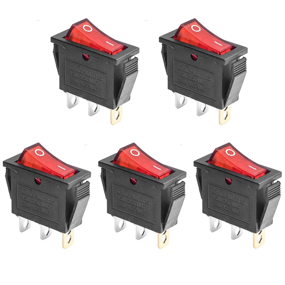 QTEATAK Red Light Illuminated LED On/Off SPST 3 Pin 2 Position Mini Boat Rocker Toggle Switch (5PCS)