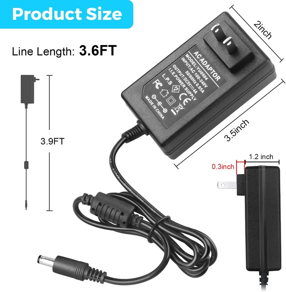 LeTaoXing AC 100V-240V to DC 5V 4A Power Supply Adapter with 5.5mm x 2.5mm/2.1mm Plug