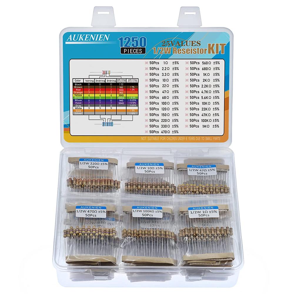 AUKENIEN Carbon Film Resistor Kit 25 Values 1 Ohm - 1M Ohm with 5% 1/2W (1250PCS)