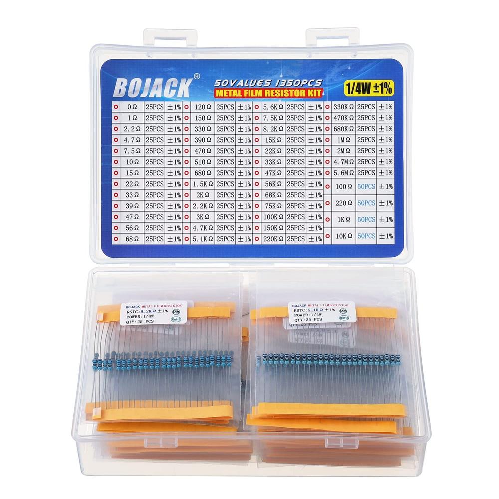 BOJACK Metal Film Resistor Kit 50 Values 0 Ohm – 5.6M Ohm with 1% 1/4W (1350PCS)