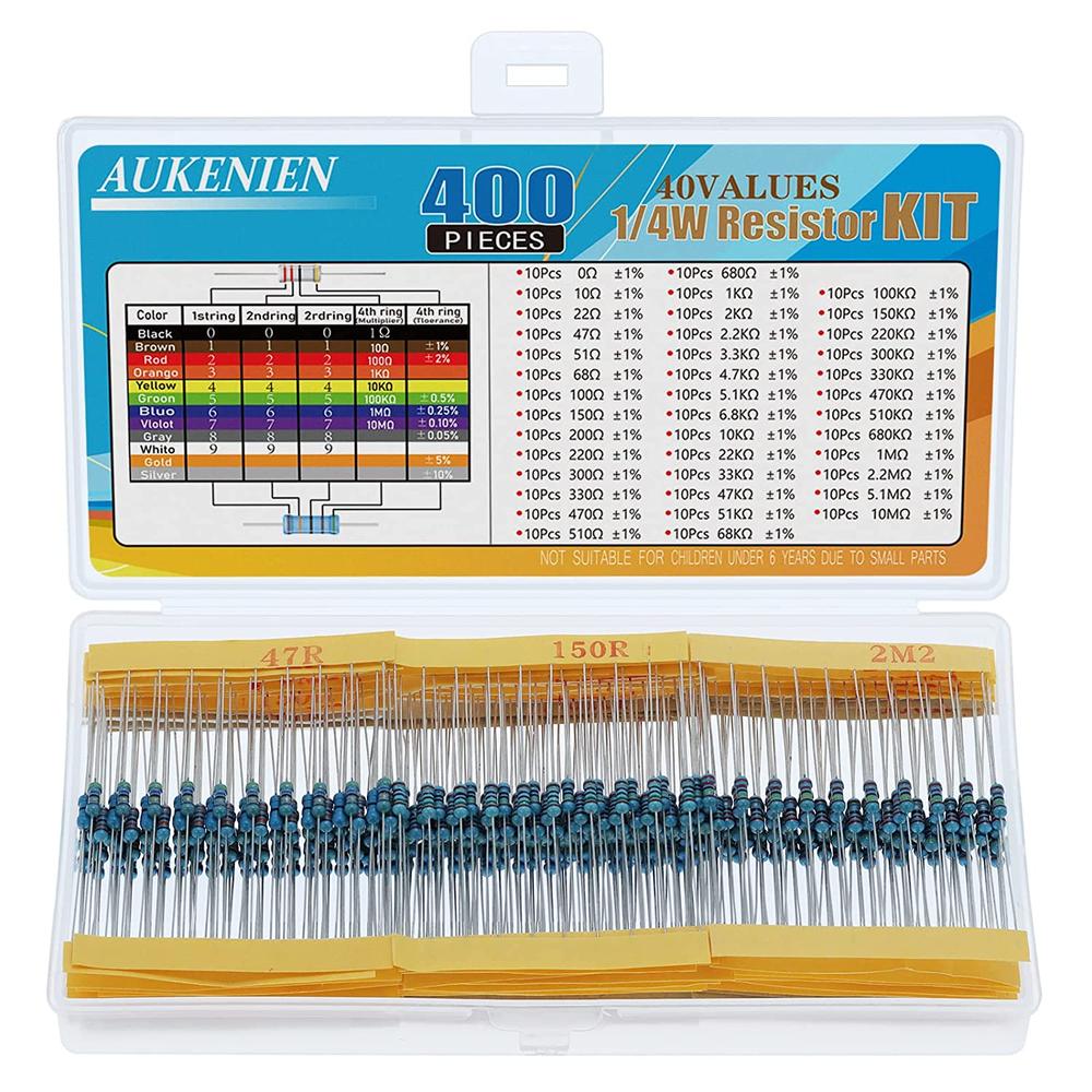 AUKENIEN Metal Film Resistor Kit 40 Values 0 Ohm – 10M Ohm with 1% 1/4W (400PCS)