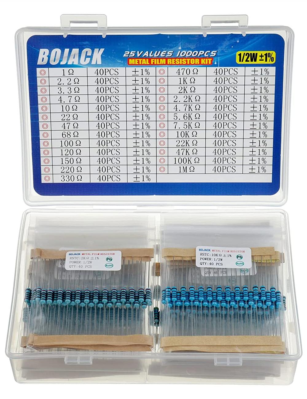 BOJACK Metal Film Resistor Kit 25 Values 0 Ohm – 1M Ohm with 1% 1/2W (1000PCS)