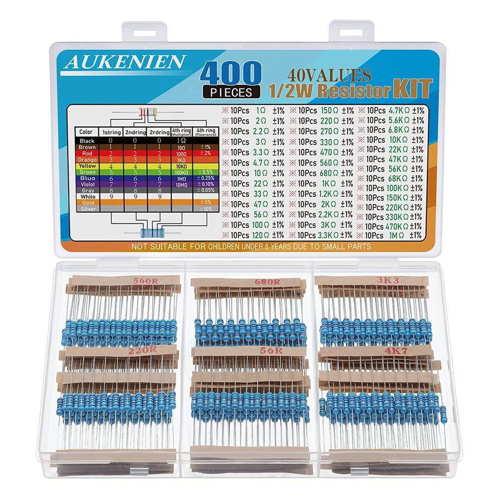 AUKENIEN Metal Film Resistor Kit 40 Values 1 Ohm – 10M Ohm with 1% 1/2W (400PCS)