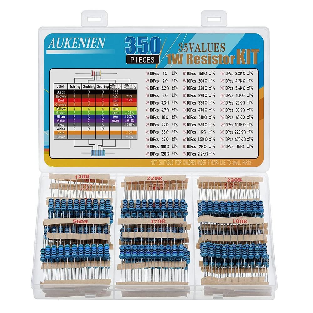 AUKENIEN Metal Film Resistor Kit 35 Values 1 Ohm – 1M Ohm with 1% 1W (350PCS)