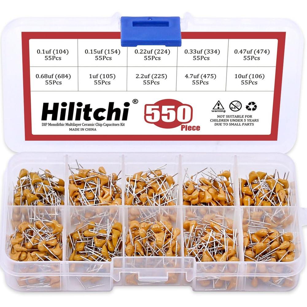 Hilitchi 0.1uF-10uF DIP Monolithic Multilayer Ceramic Chip Capacitors Assortment Kit (550PCS)