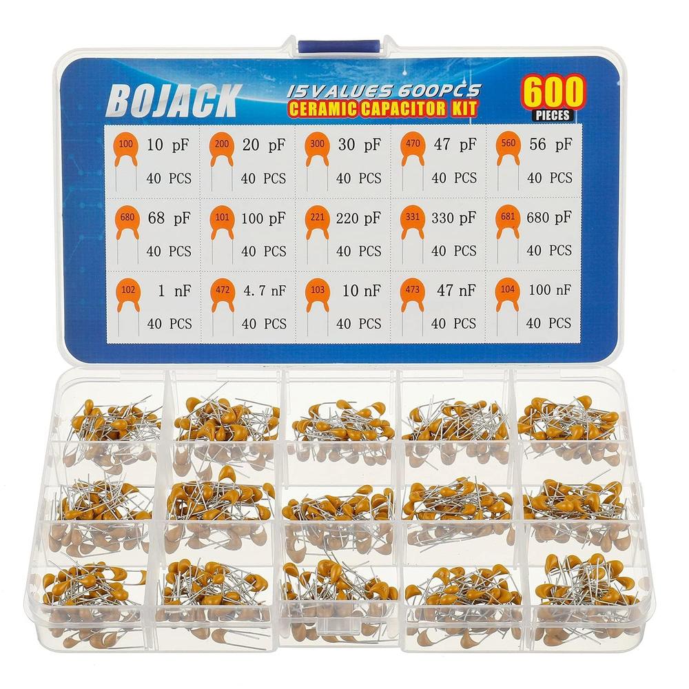 BOJACK 15 Type Values Ceramic Capacitor Assortment Kit Capacitors from 10pf to 100nF in a Box (600PCS)