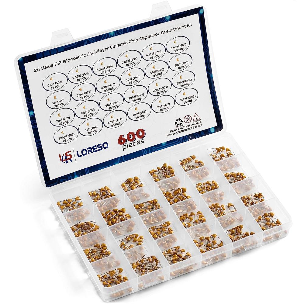 Ceramic Capacitor Assortment Kit Box by Loreso - 24 Value 10pf to 10uf (600PCS)